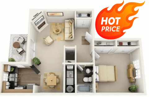Floor plan for 1 bed, 1 bath, 750 sqft